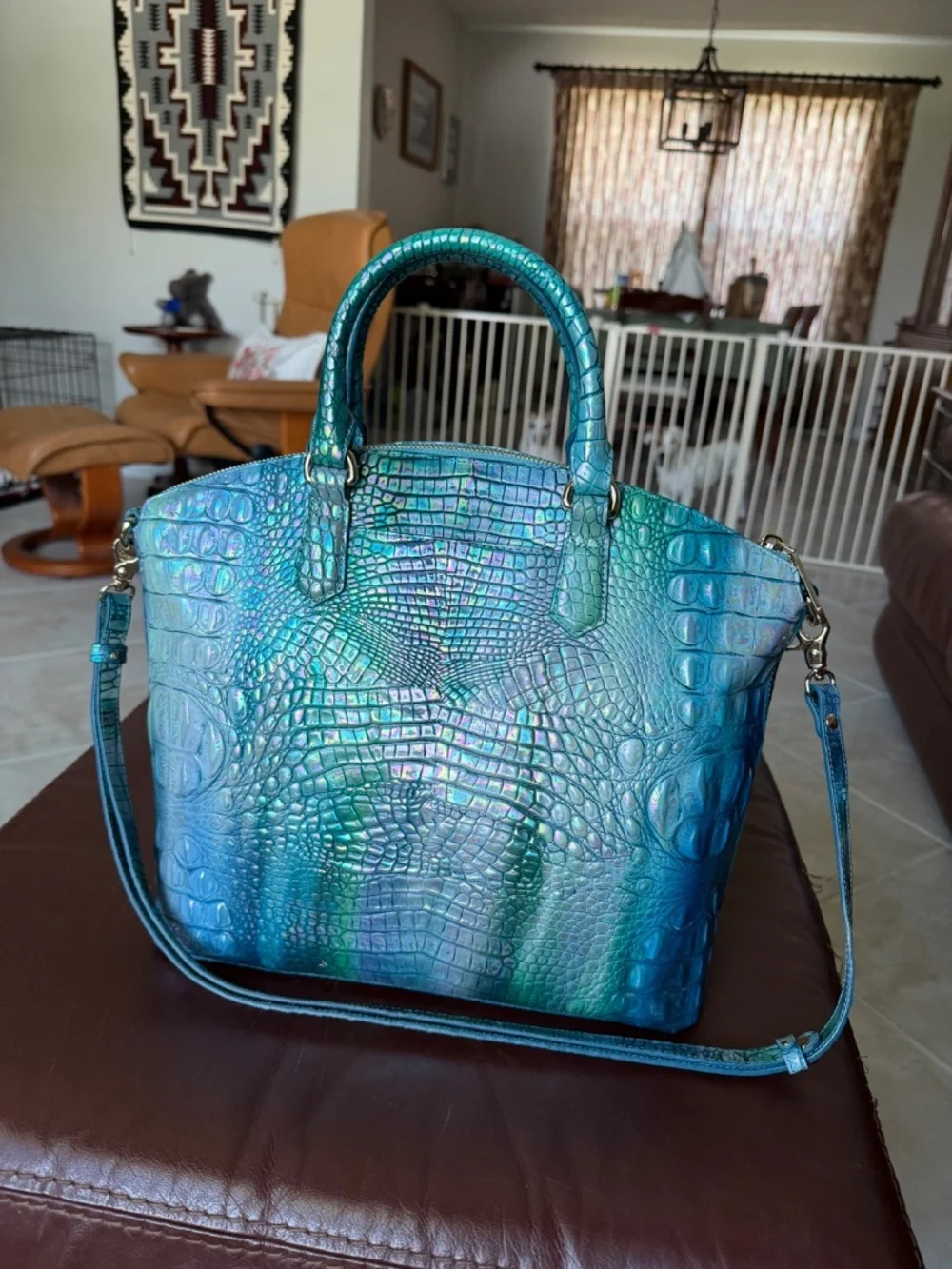 Brahmin Large Duxbury Satchel Blue Topaz Jewel Tone Croc Embossed Leather